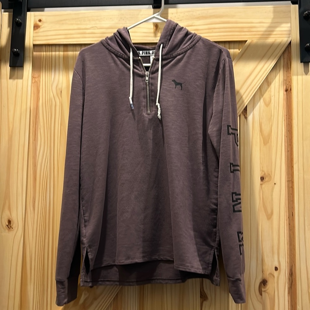 Pink, Victoria secret. 1/4 zip hooded shirt. Purple in color, size small.